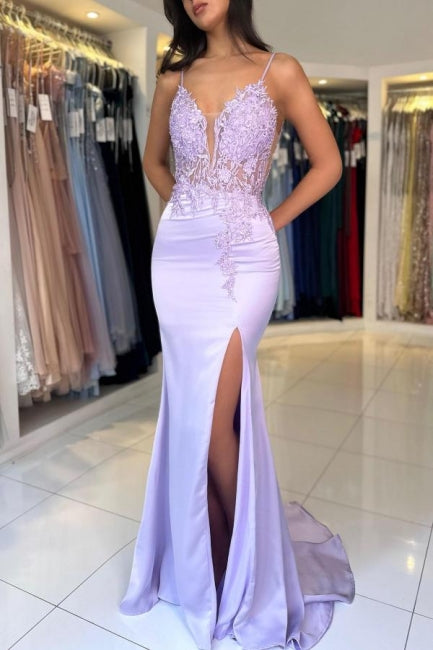 Column Satin Lace V Neck Sleeveless Formal Dress With Appliques Split