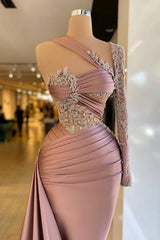 Column Satin One Shoulder Sleeve Formal Dress