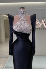 Column Satin Sleeve Black Prom Dress Formal Dress With Rhinestone Train