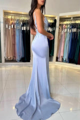 Column Satin Spaghetti Straps Sleeveless Formal Dress With Appliques Split