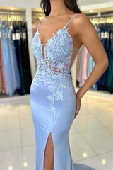 Column Satin Spaghetti Straps Sleeveless Formal Dress With Appliques Split