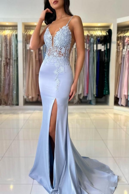Column Satin Spaghetti Straps Sleeveless Formal Dress With Appliques Split