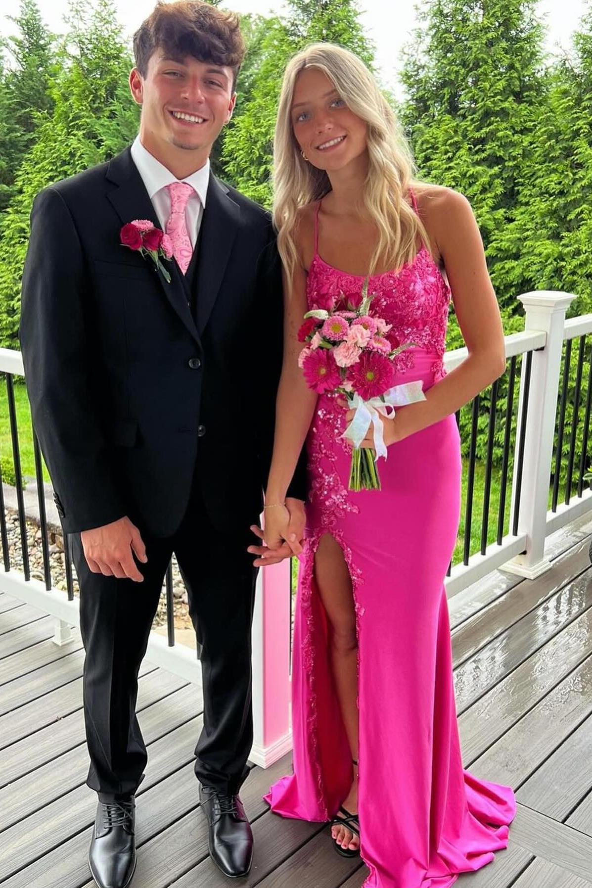 Column Satin Spaghetti Straps Sleeveless Pink Prom Dress Formal Dress With Appliques Slit