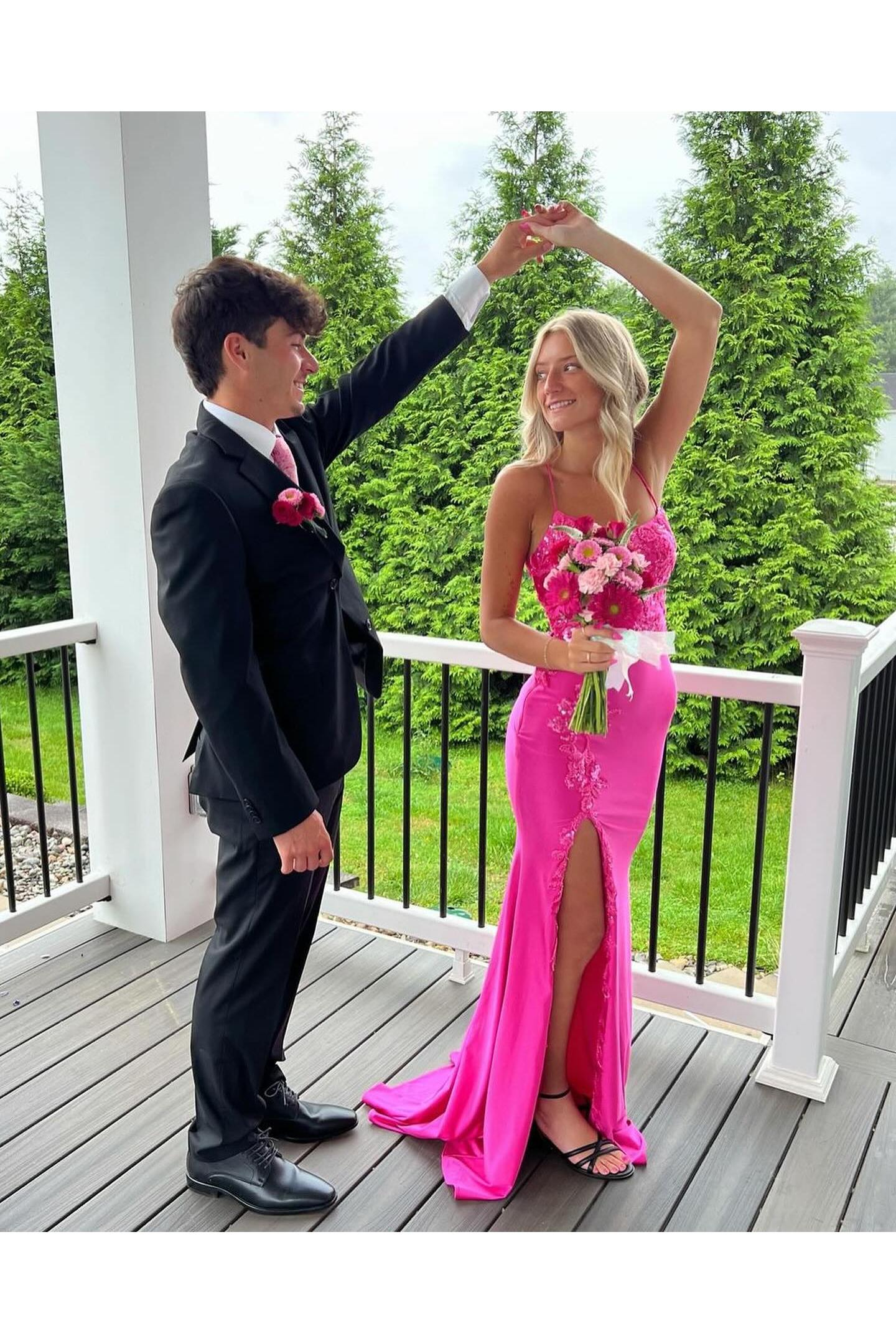 Column Satin Spaghetti Straps Sleeveless Pink Prom Dress Formal Dress With Appliques Slit