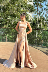 Column Satin Square Sleeveless Formal Dress With Split Train