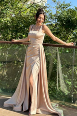 Column Satin Square Sleeveless Formal Dress With Split Train