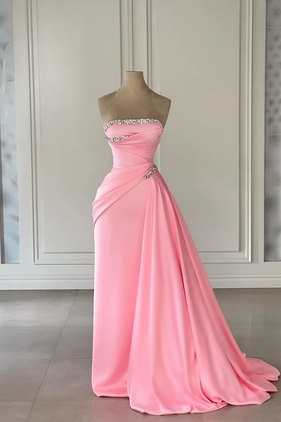 Column Satin Strapless Sleeveless Pink Prom Dress Formal Dress With Rhinestone