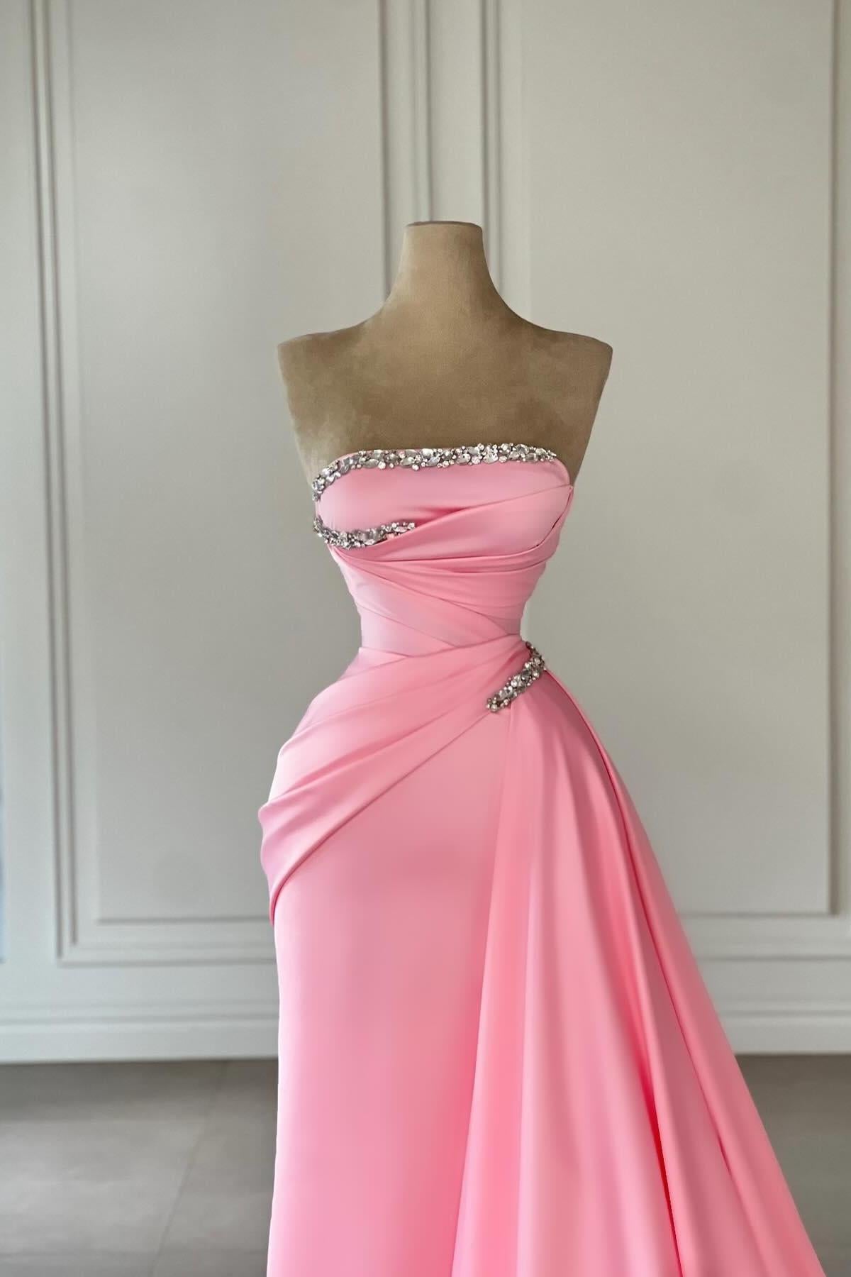 Column Satin Strapless Sleeveless Pink Prom Dress Formal Dress With Rhinestone