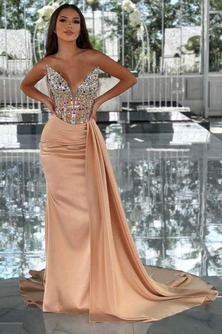Column Satin V Neck Sleeveless Formal Dress With Beading