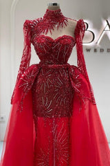 Column Tulle Lace Sweetheart Sleeve Red Prom Dress Formal Dress With Train