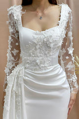 Column Wedding Dress Off The Shoulder Long Sleeve Appliques Satin Lace Bridal Gown