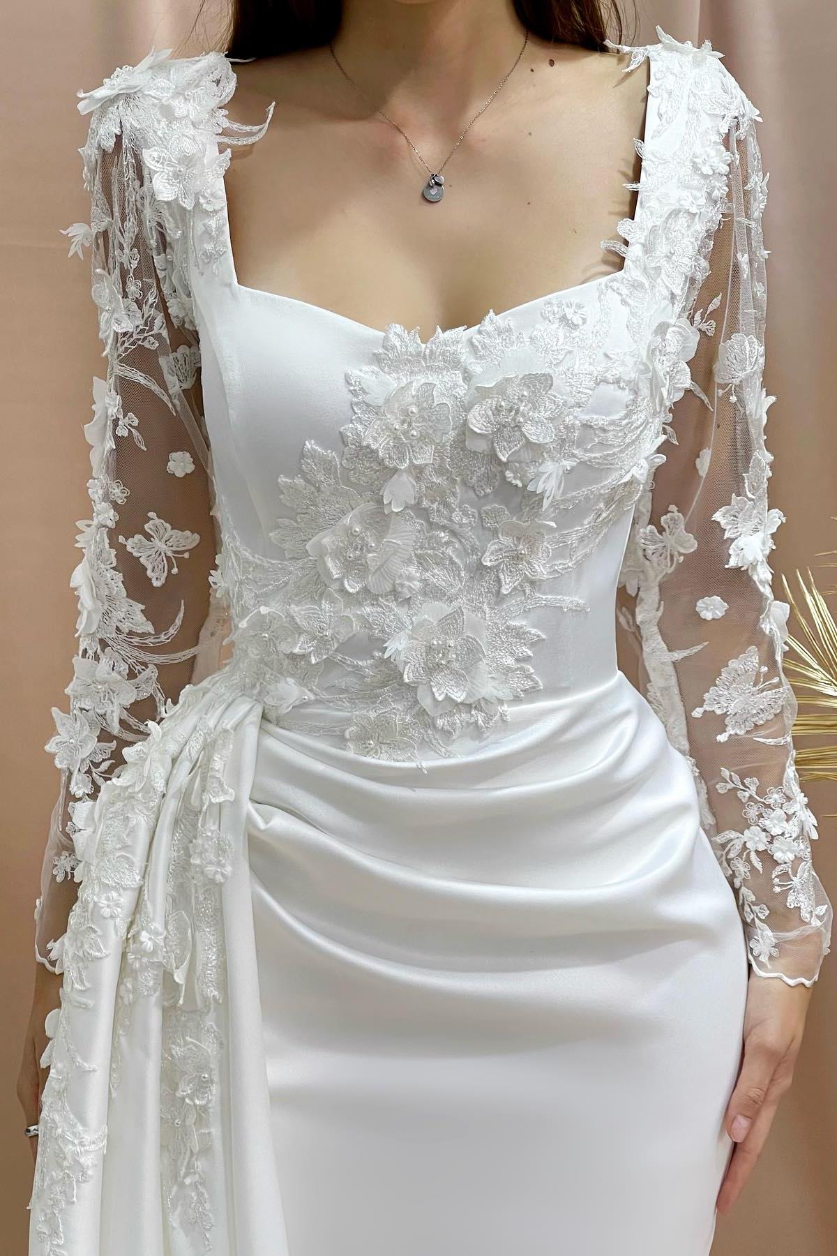 Column Wedding Dress Off The Shoulder Sleeve Appliques Satin Lace Bridal Gown