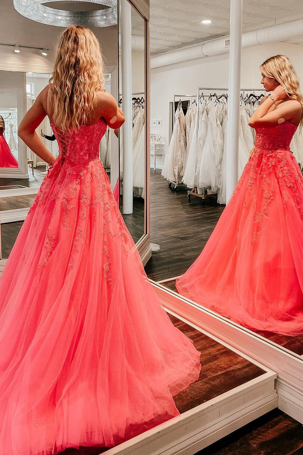 Coral A Line Prom Dress with Appliques
