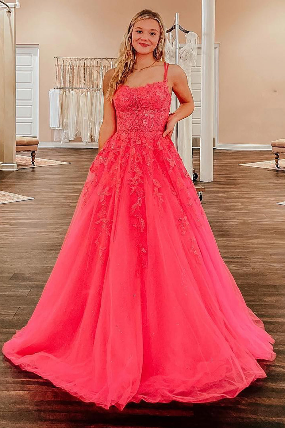 Coral A Line Prom Dress with Appliques