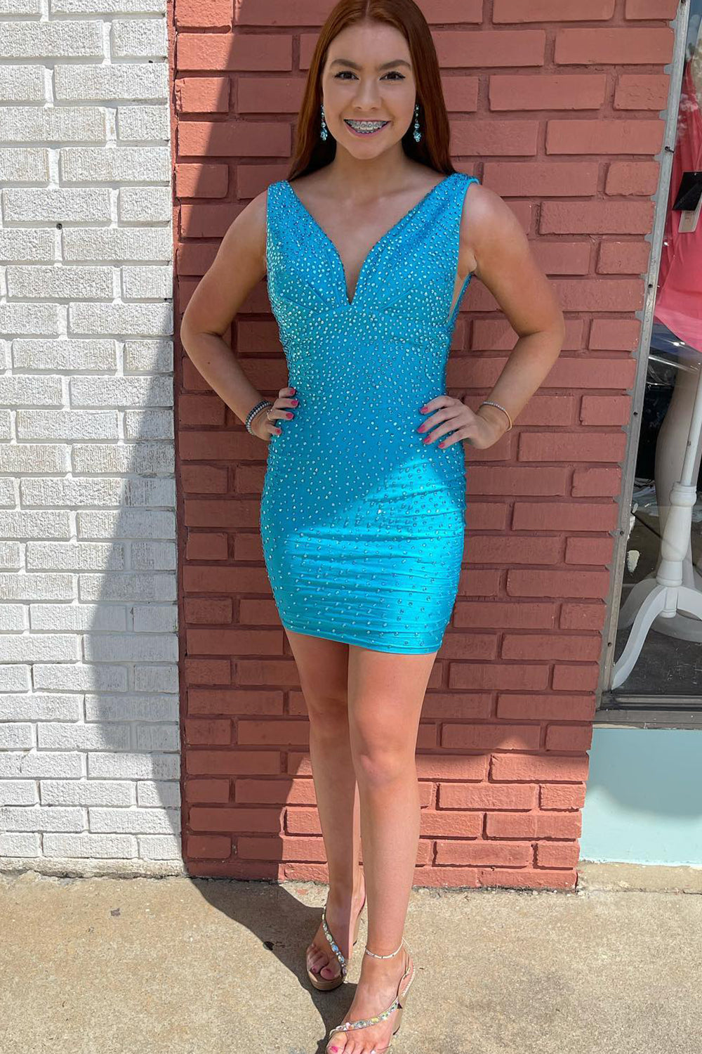 Coral Homecoming Dress Beaded V-Neck Backless Tight Short Cocktail Dresses
