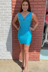 Coral Homecoming Dress Beaded V-Neck Backless Tight Short Cocktail Dresses