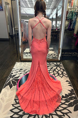 Coral Prom Dress Beaded Mermaid Formal Dress With Lace