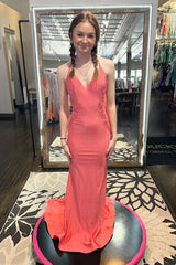 Coral Prom Dress Beaded Mermaid Formal Dress With Lace