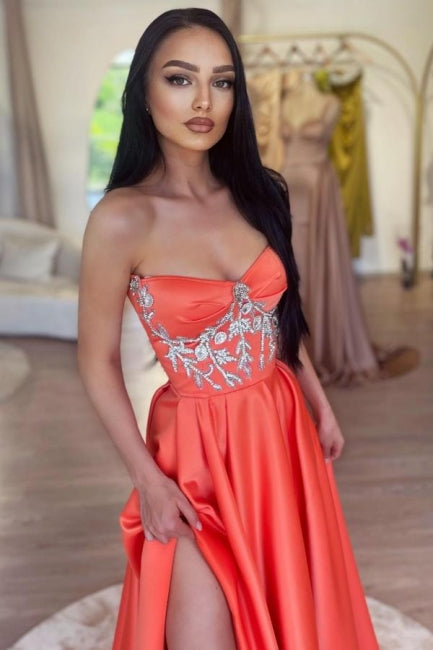 Coral Strapless A Line Beaded Sleeveless Panel Train Satin Formal Dress With High Slit