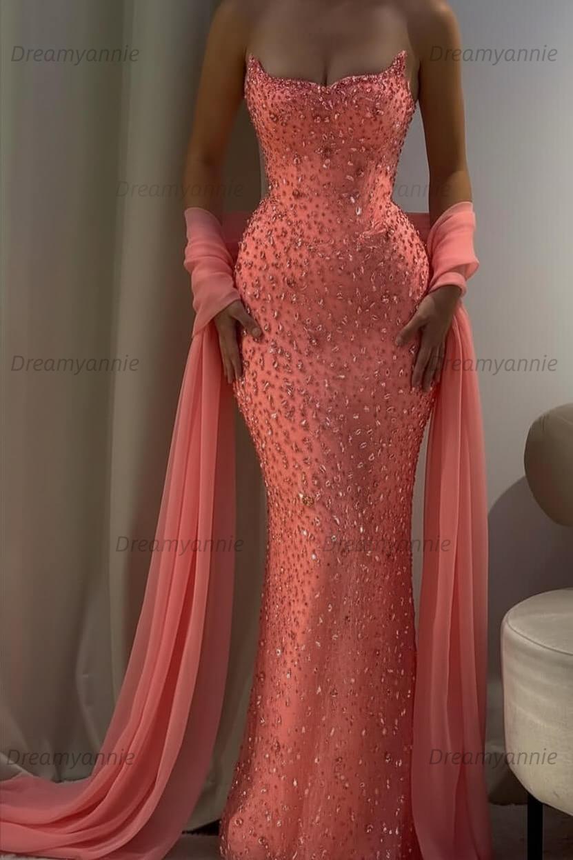 Pink Mermaid Prom Dress Strapless Beaded Formal Dress