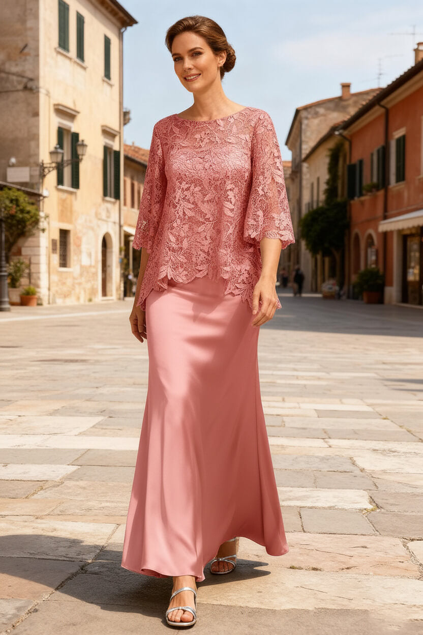 Dreamyannie Dusty Sage Satin Bateau Neck Ankle Length Mother Of The Bride Dress With Sleeves