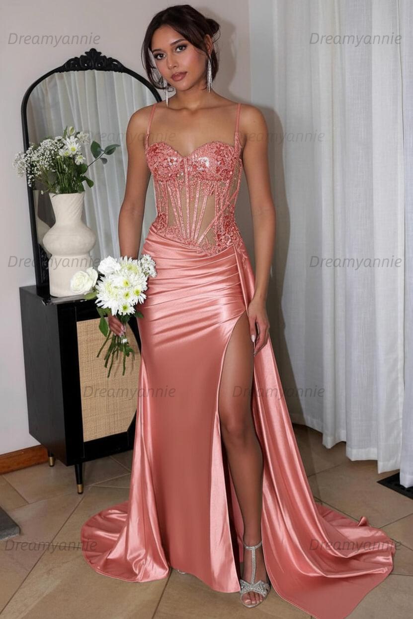Corset Sequined Prom Dress Satin Appliqued Long Evening Dress With Slit