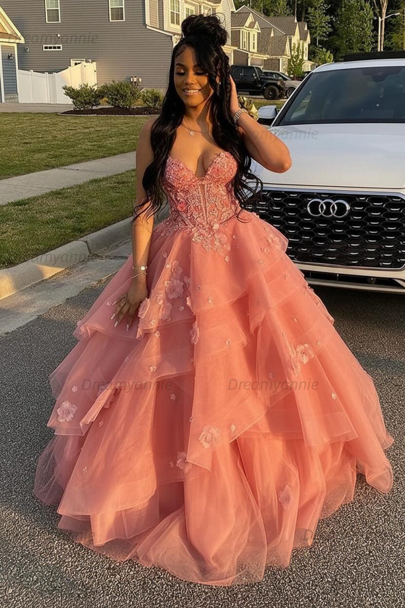 Dreamyannie Sage Prom Dress Floral Tiered Ruffles A-Line Sweetheart Corset Long Formal Dress