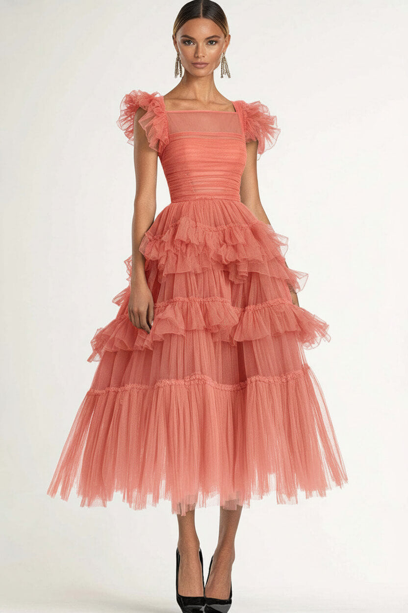 Dreamyannie Tea Length Black Wedding Guest Dress A-Line Flatter Sleeves Tulle Formal Dress With Ruffles