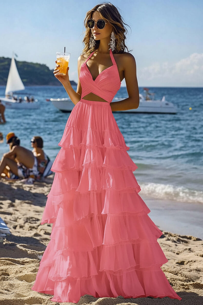 Dreamyannie Halter Tiered White 2 Piece Ruffled Formal Dress