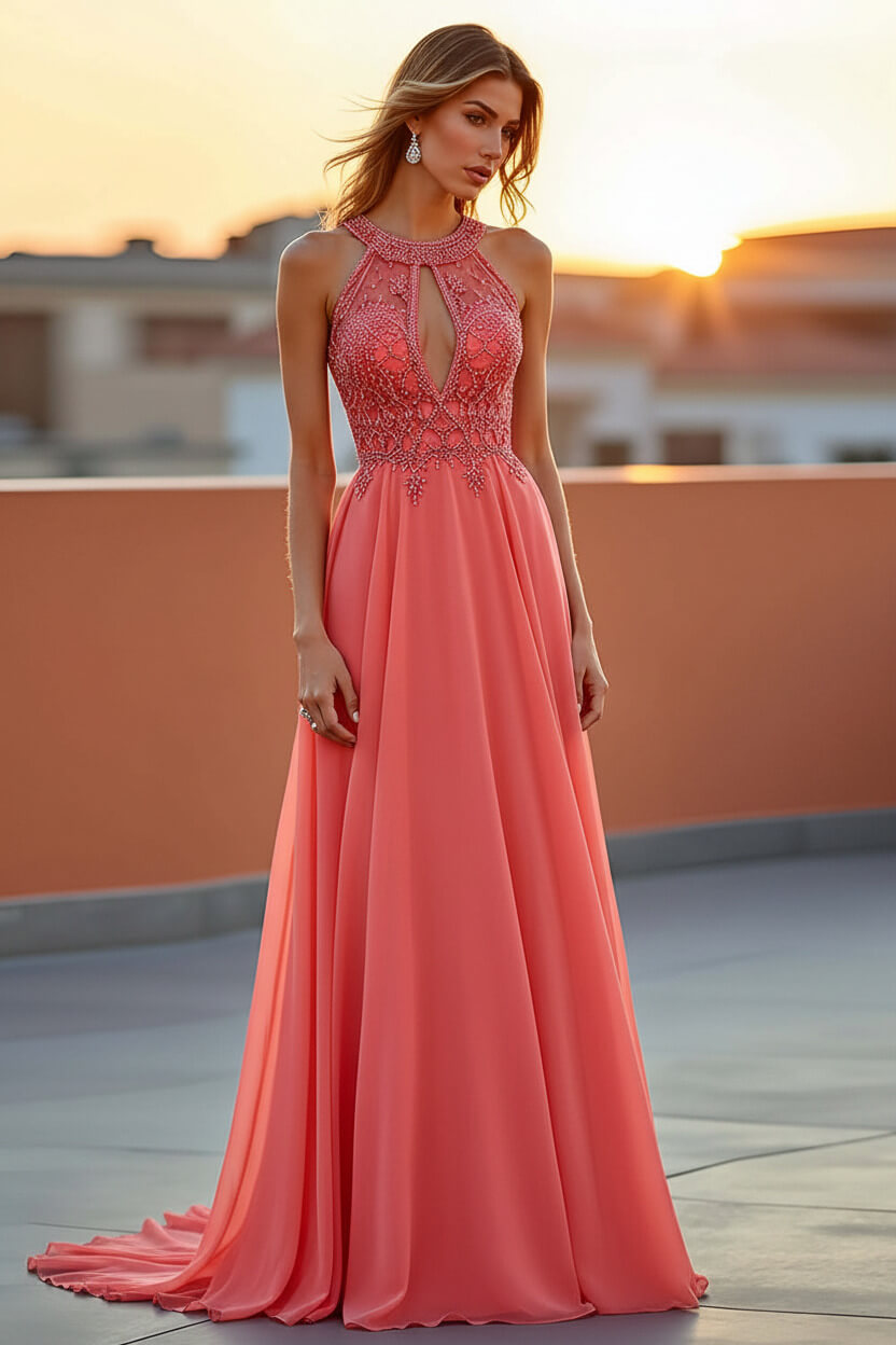 Dreamyannie Beaded Navy Wedding Guest Dress Halter Long Formal Dress With Embroideries