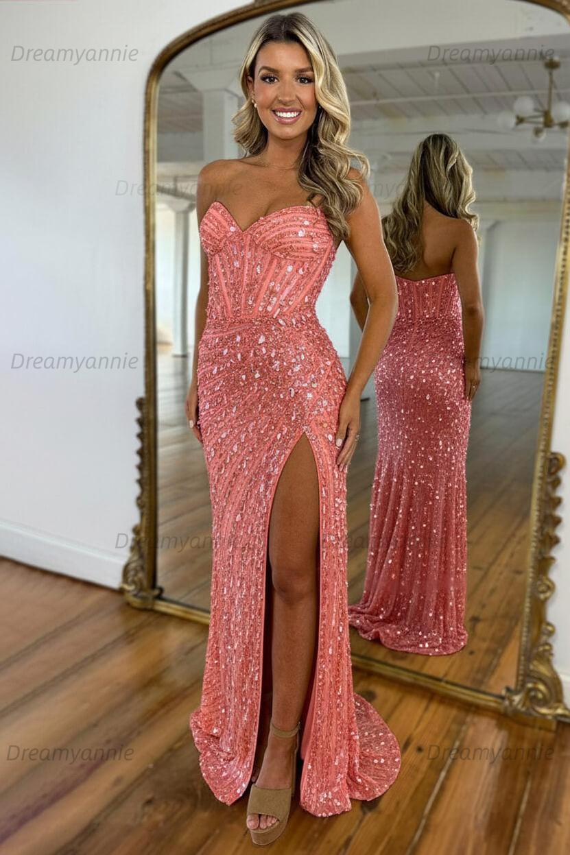 Dreamyannie Sweetheart Mermaid Sequined Prom Dress With High Slit Skirt Formal Evening Gown Dreamyannie Sweetheart Mermaid Sequined Prom Dress With High Slit Skirt Formal Evening Gown
