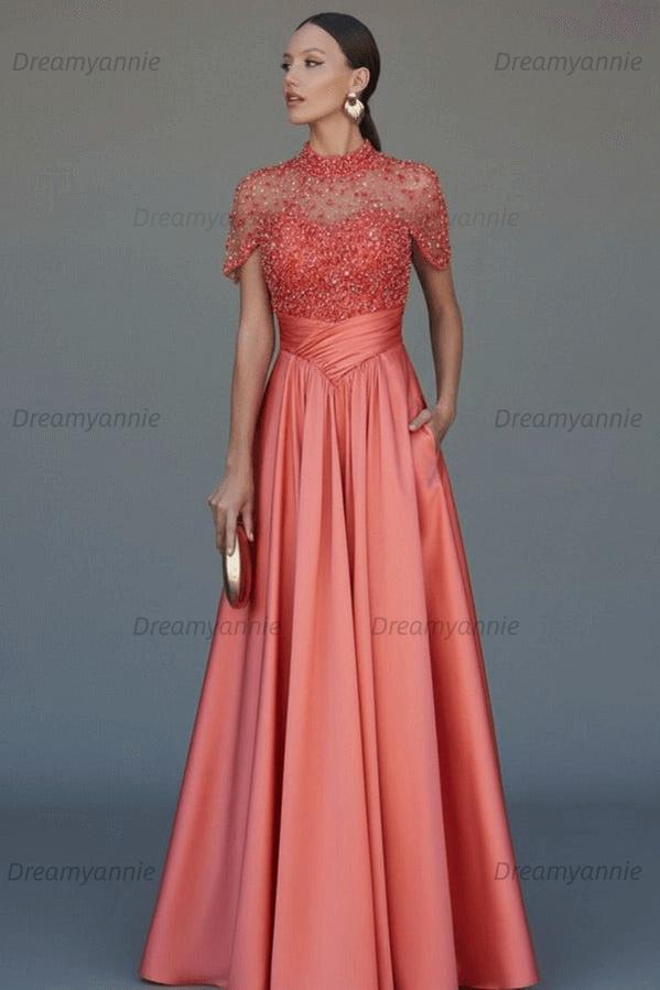 Green A Line Prom Dress Short Sleeve High Neck Beaded Formal Dress
