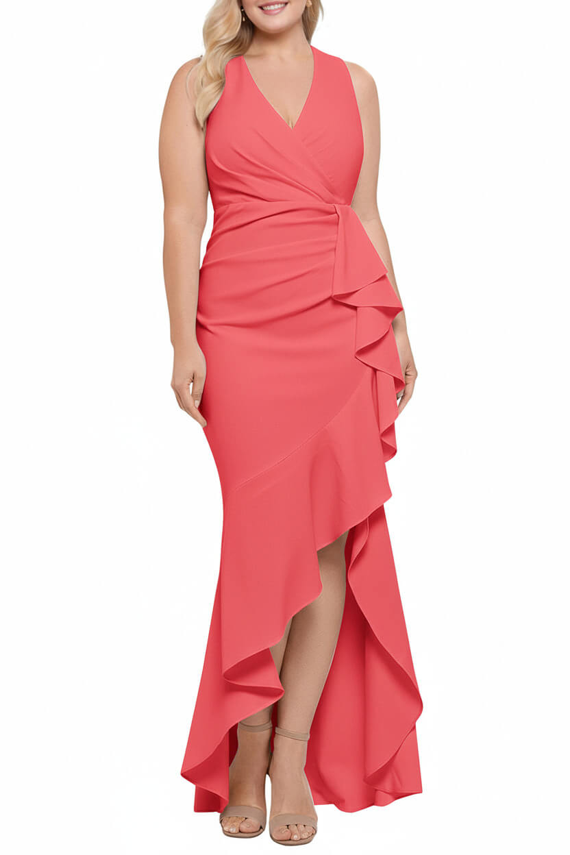 V Neck Sleeveless Plus Size Long Sheath Column Mother of the Bride Dresses with Ruffles