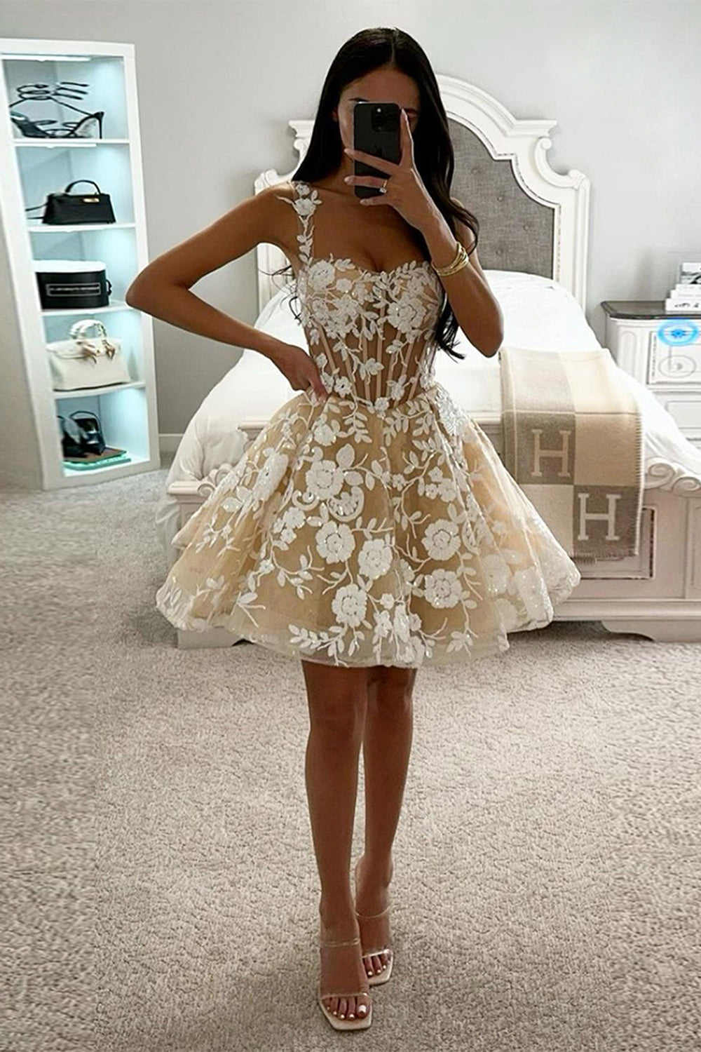 Corset Champagne Homecoming Dress Floral A-Line Short Prom Dress
