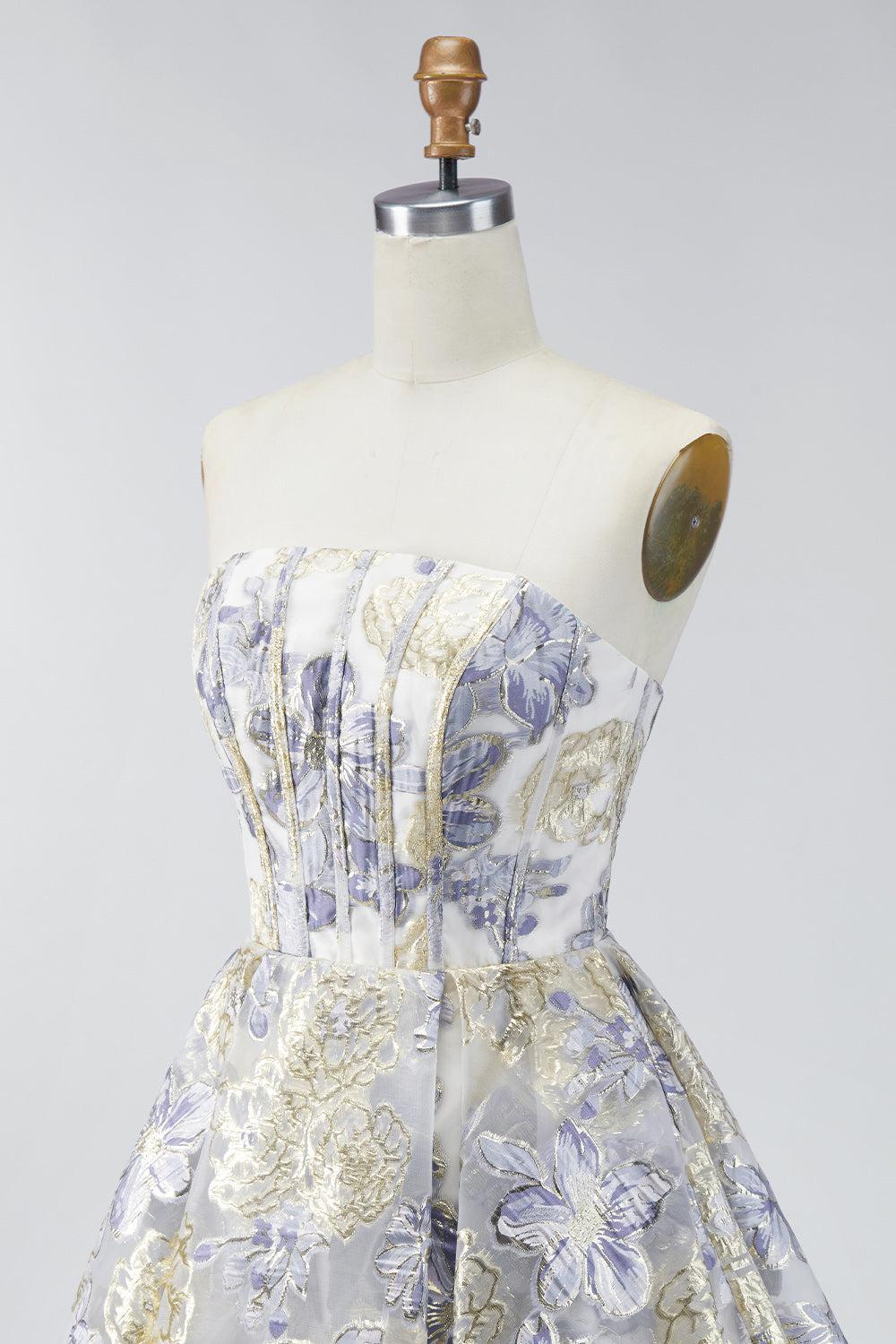 Corset Floral Dusty Blue A Line Jacquard Short Strapless Homecoming Dress