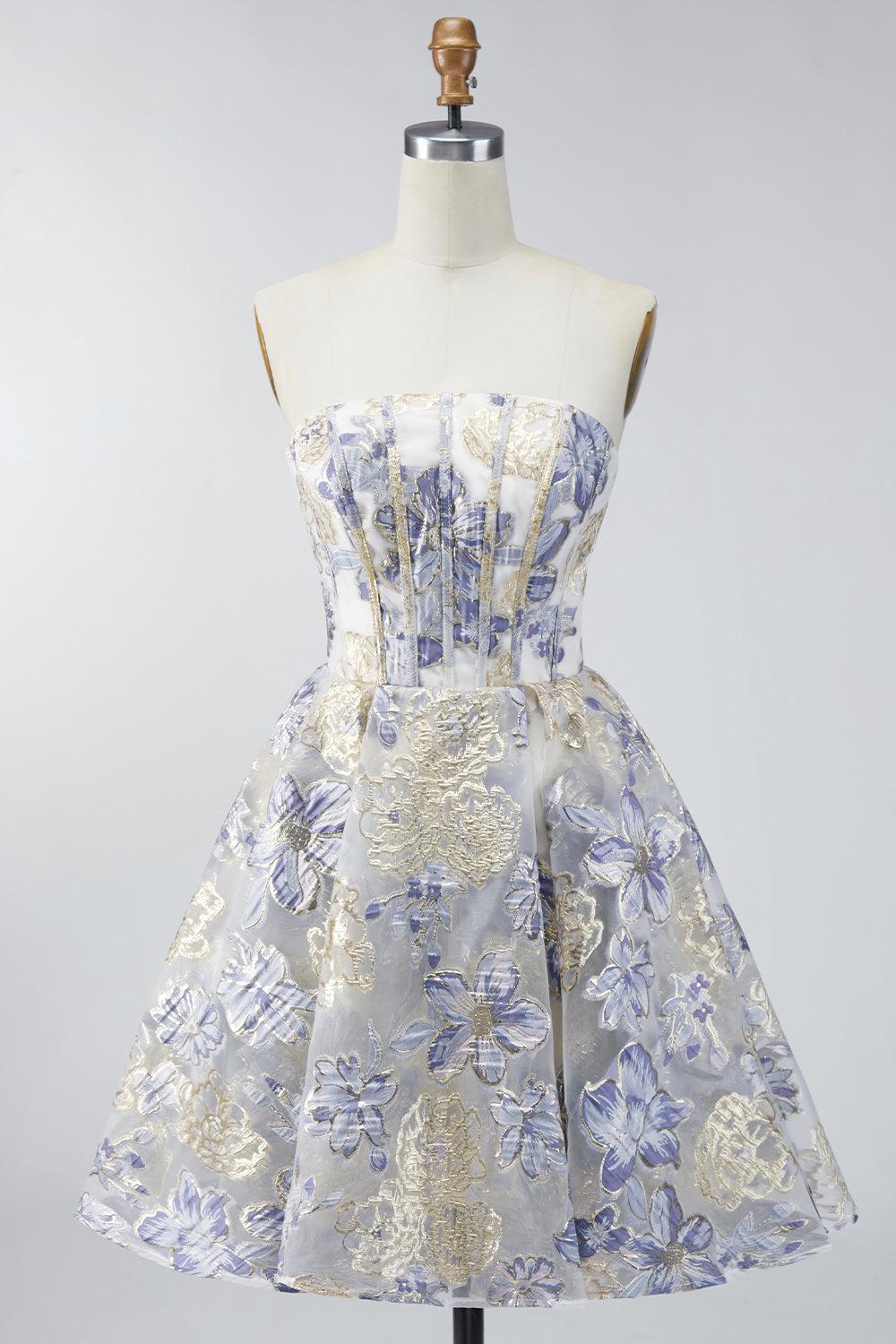 Corset Floral Dusty Blue A Line Jacquard Short Strapless Homecoming Dress