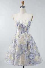 Corset Floral Dusty Blue A Line Jacquard Short Strapless Homecoming Dress