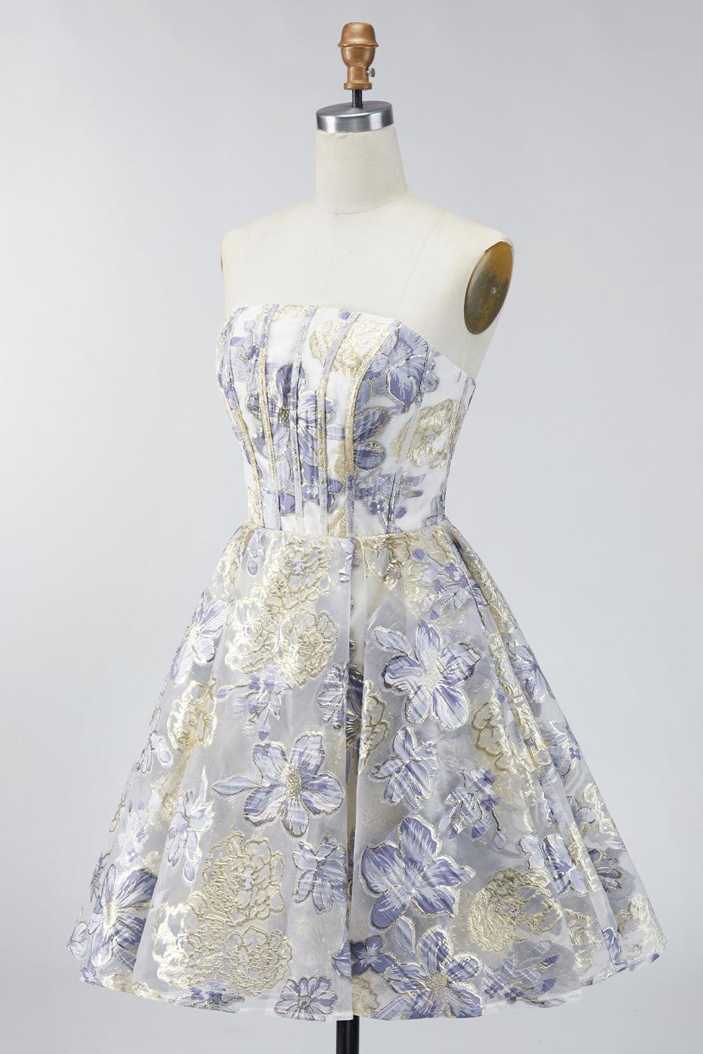 Corset Floral Dusty Blue A Line Jacquard Short Strapless Homecoming Dress