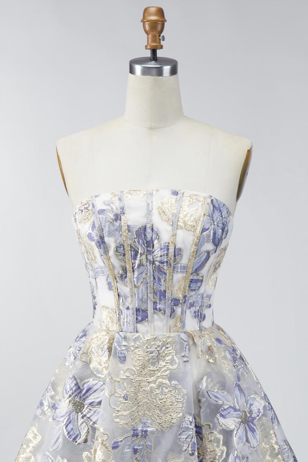 Corset Floral Dusty Blue A Line Jacquard Short Strapless Homecoming Dress