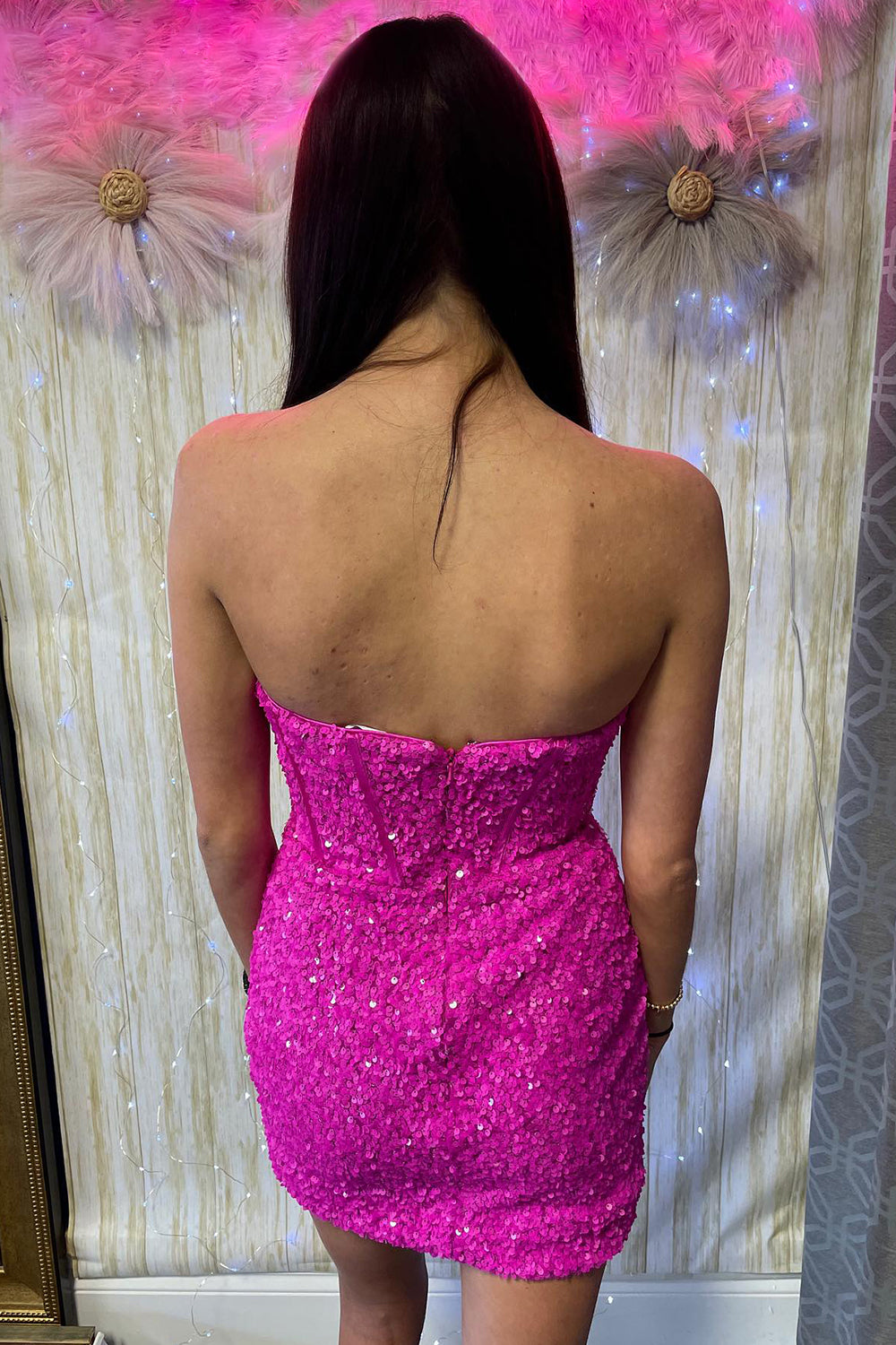 Corset Fuchsia Homecoming Dress Sequin Tight Short Prom Dress