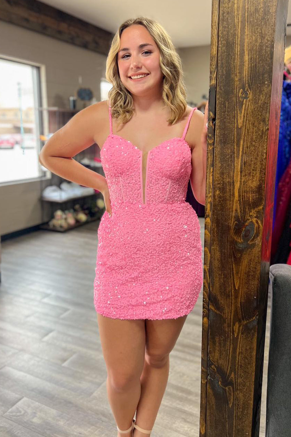 Corset Fuchsia Homecoming Dress Sequin Tight Short Prom Dress