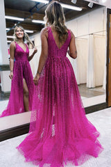 Corset Fuchsia Prom Dress V-Neck Long Formal Dress With Slit