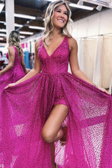 Corset Fuchsia Prom Dress V-Neck Long Formal Dress With Slit