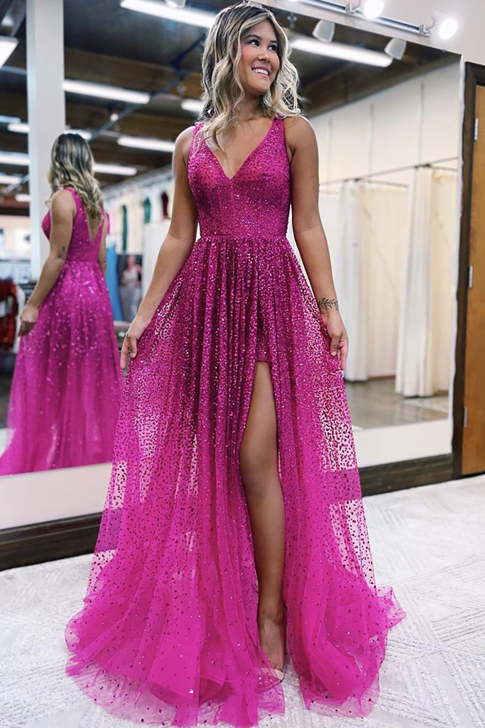 Corset Fuchsia Prom Dress V-Neck Long Formal Dress With Slit