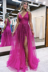 Corset Fuchsia Prom Dress V-Neck Long Formal Dress With Slit