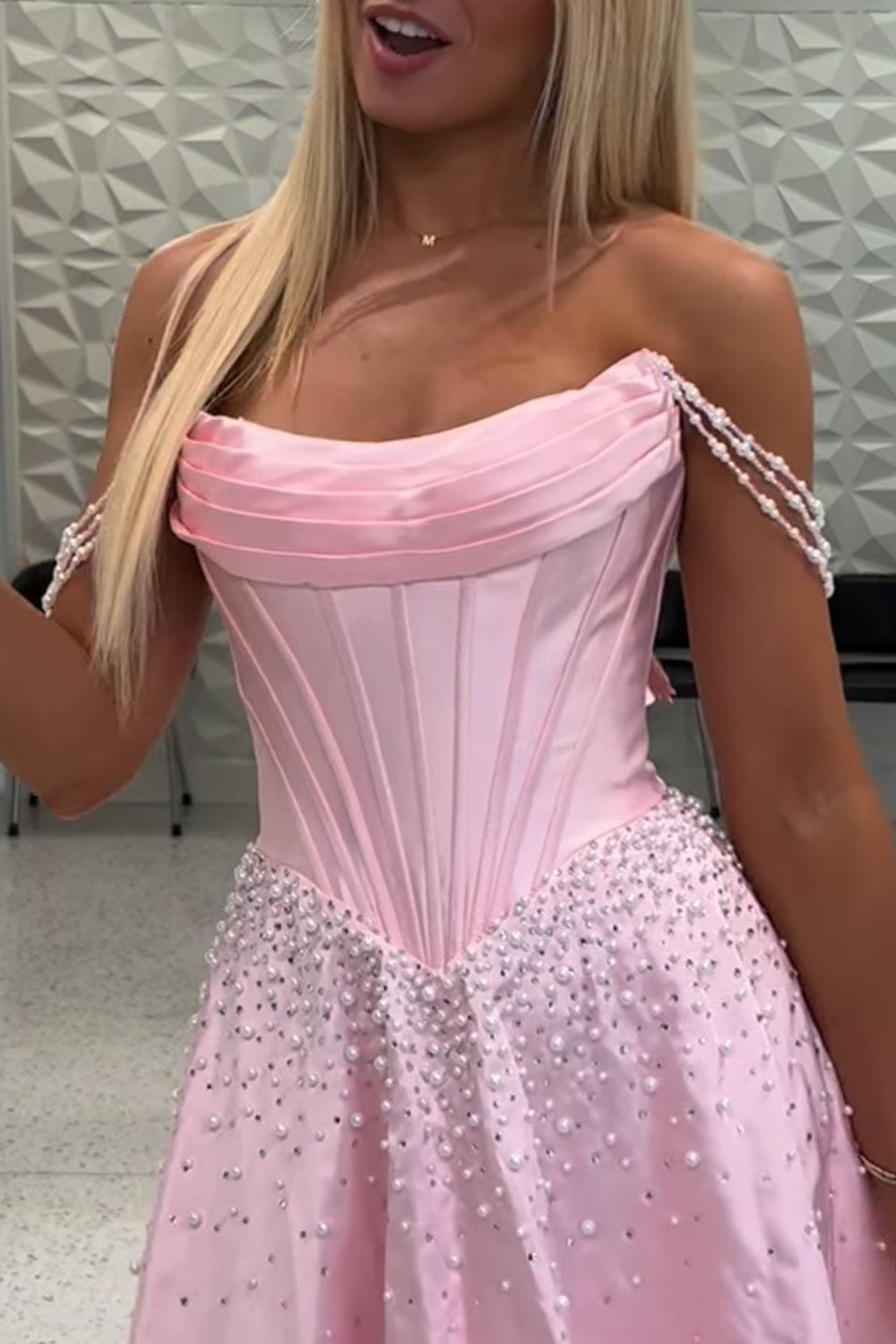Corset Pink Off the Shoulder Pearls Short Homecoming Dress