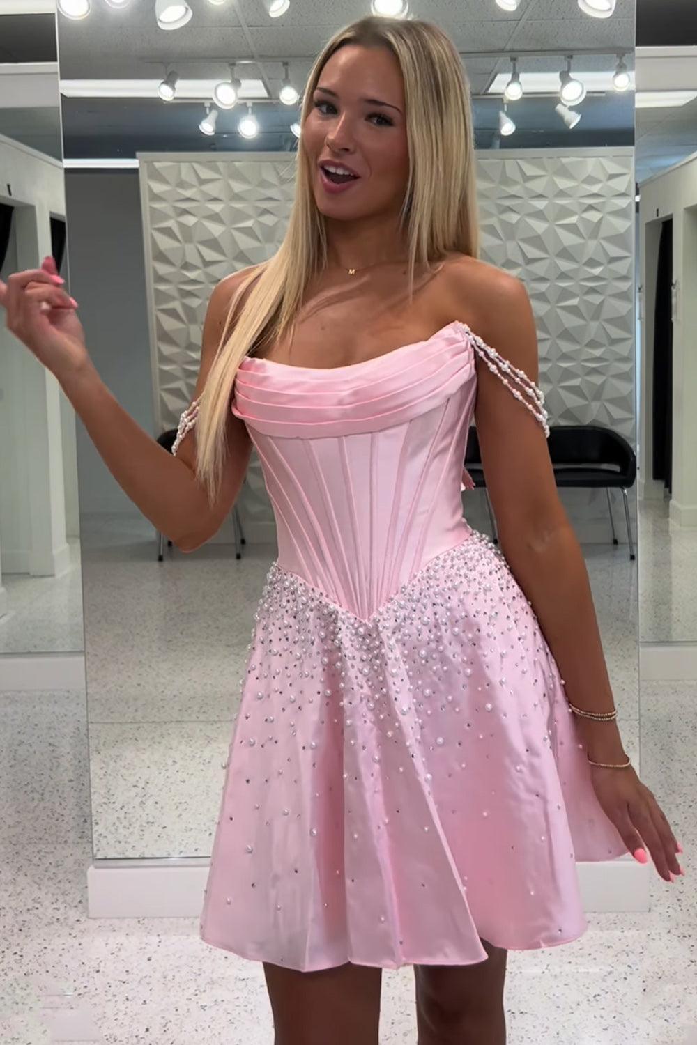 Corset Pink Off the Shoulder Pearls Short Homecoming Dress