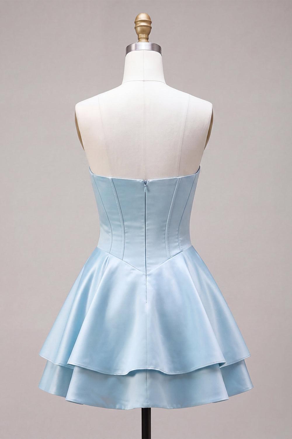 Corset Satin Ruffled Sky Blue A Line Short Homecoming Dress