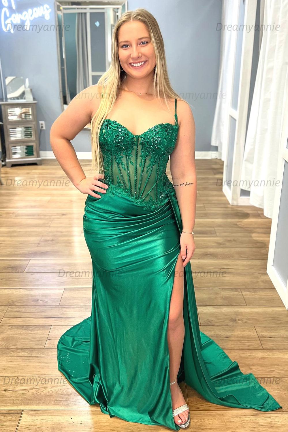 Corset Sequined Prom Dress Satin Appliqued Long Evening Dress With Slit