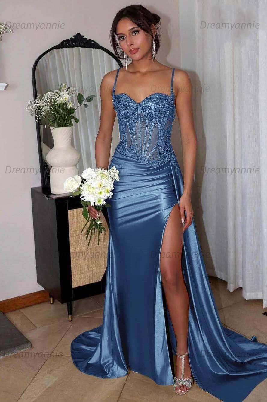 Corset Sequined Prom Dress Satin Appliqued Long Evening Dress With Slit